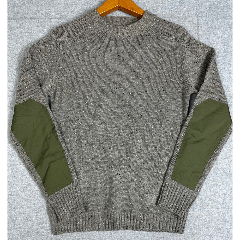 Line of Trade Sweater Mens M Oatmeal Gray Donegal Wool Blend Elbow Patches